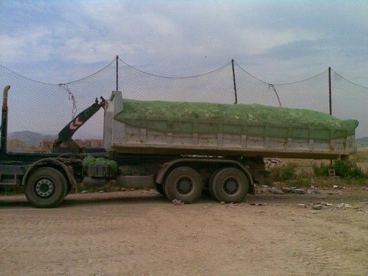 Camión de plataforma que transporta una gran carga envuelta en color verde al borde de la carretera, con líneas eléctricas al fondo.