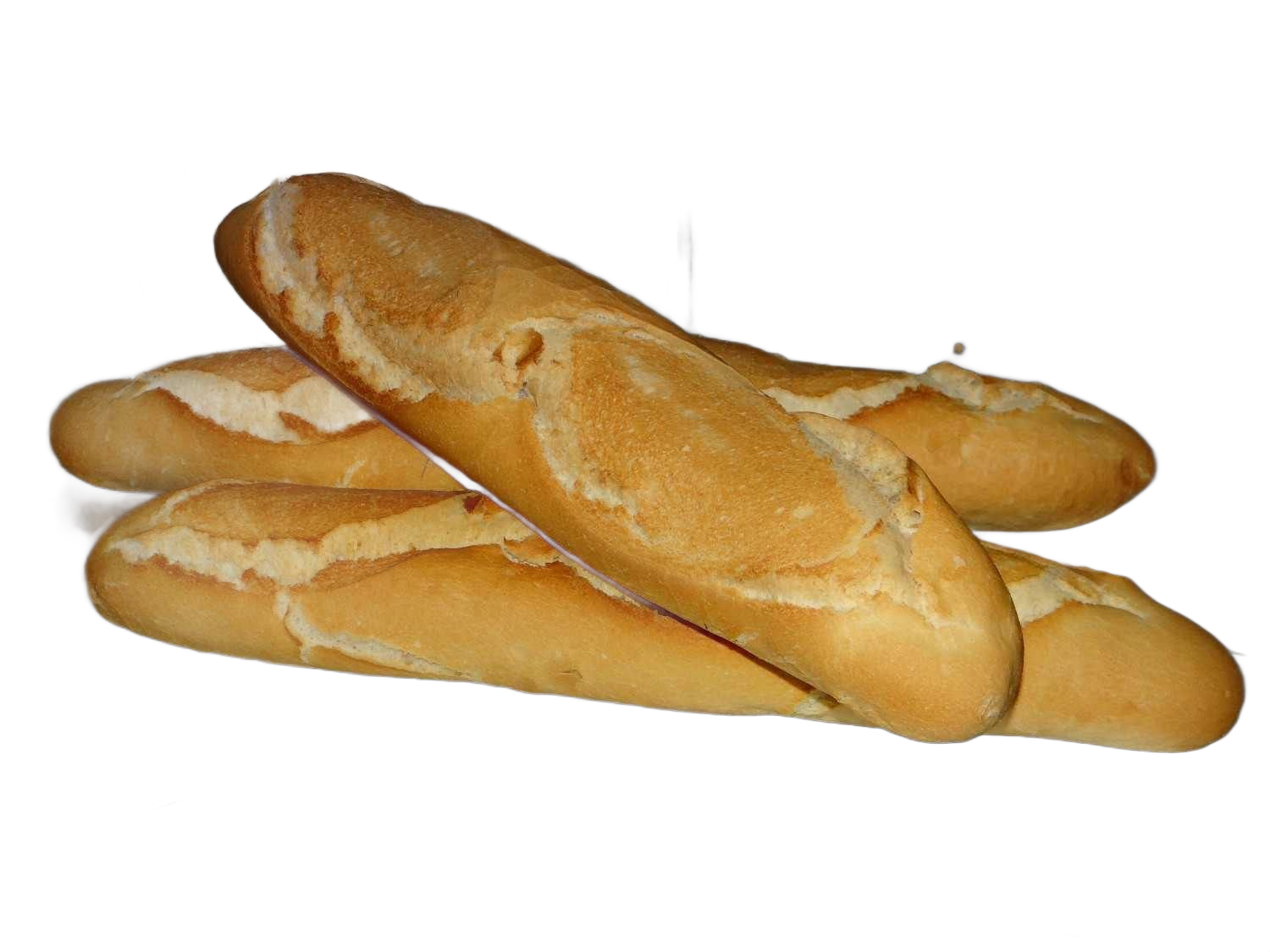 Varias baguettes de color marrón dorado apiladas sobre un fondo blanco.