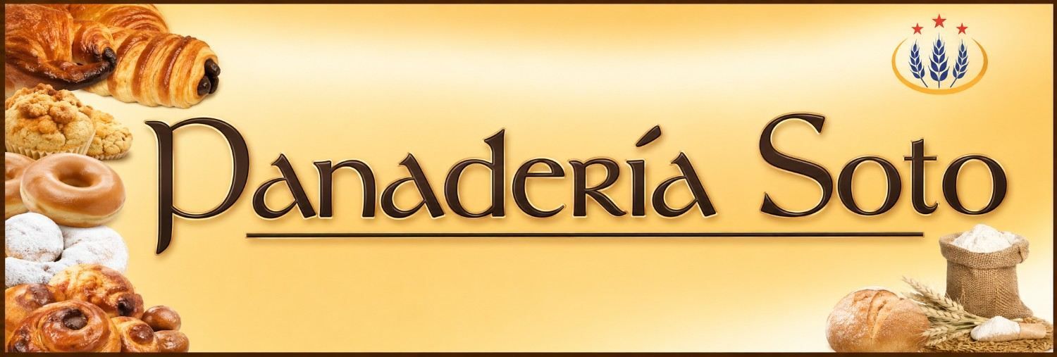 Panadería Soto: cartel con pasteles, panes y un cálido fondo dorado.
