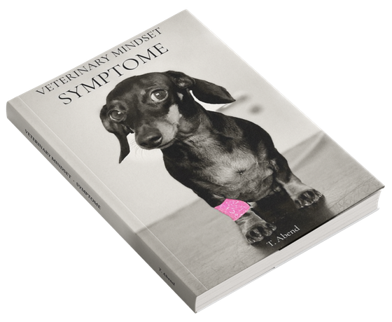 Buchcover mit einem schwarz-weißen Dackel mit rosa Fliege, Titel: „Symptome“