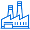 Icône dessinée au trait bleu représentant une usine avec deux cheminées et de nombreuses fenêtres.