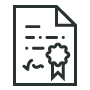 Une simple icône en noir et blanc représentant un document avec un sceau, des rubans et une signature.