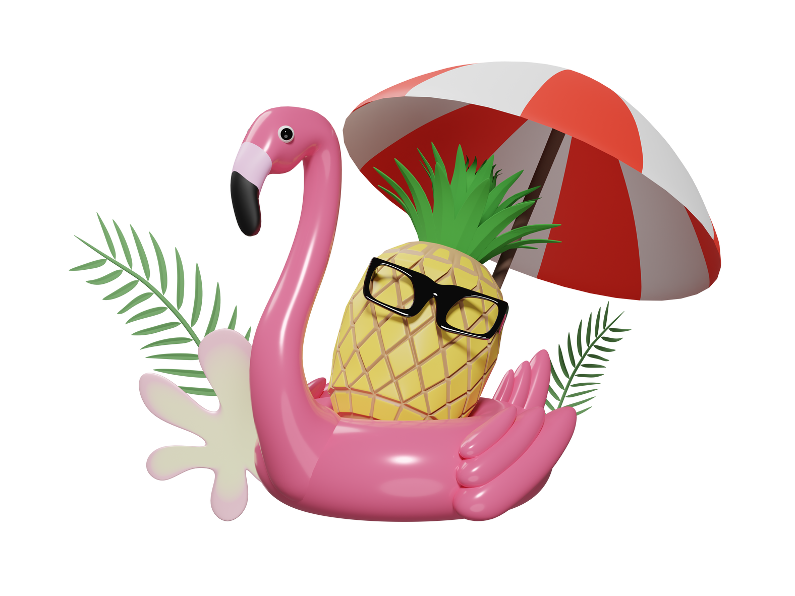 Un ananas avec des lunettes et un parasol sur un flamant rose gonflable