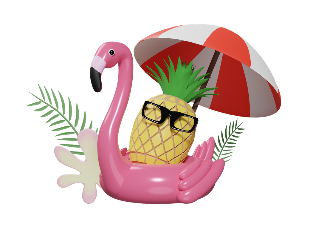 Un ananas avec des lunettes et un parasol sur un flamant rose gonflable