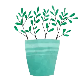 Una planta en maceta azul con hojas verdes sobre un fondo blanco.