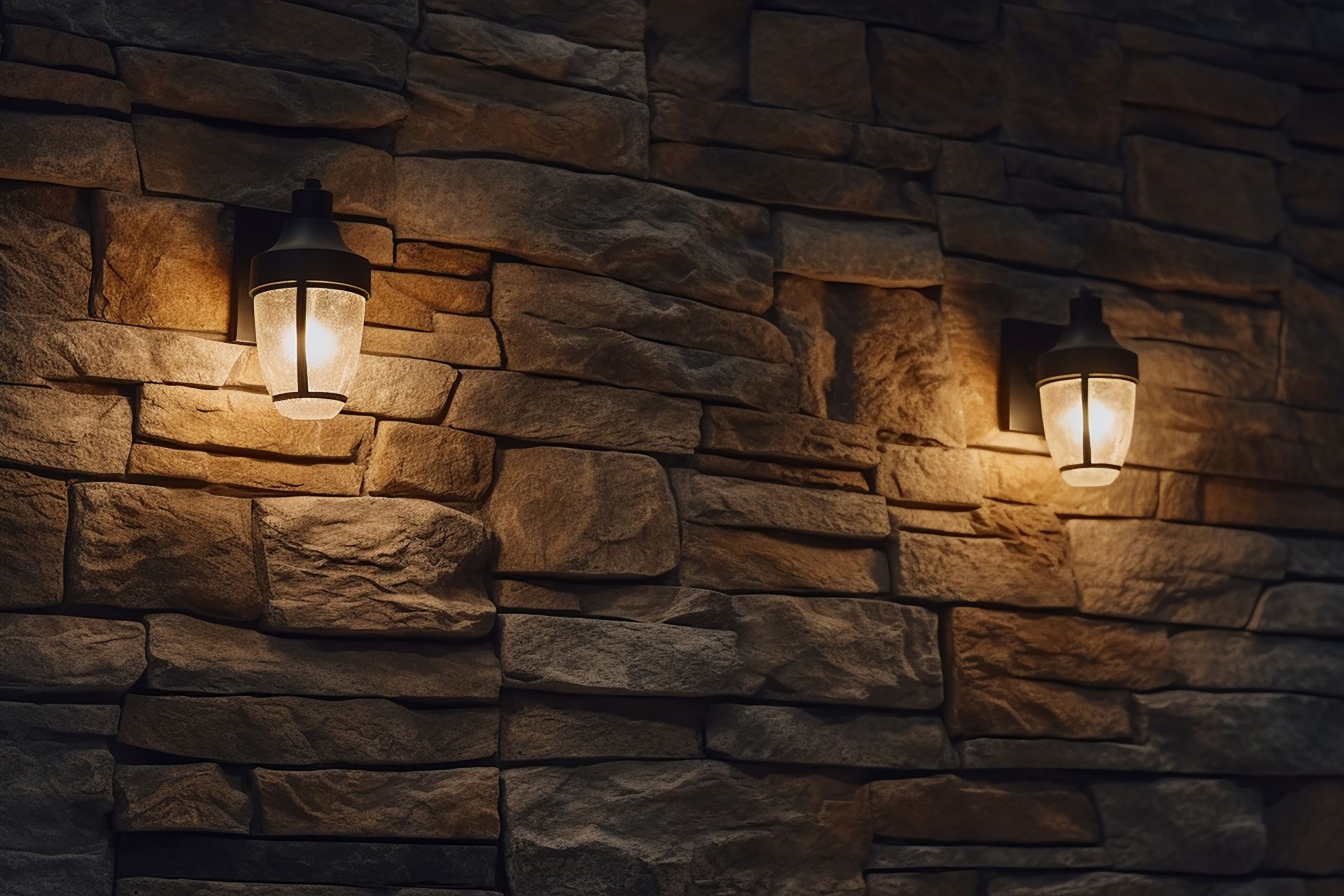 Un mur en pierres de parement naturelles éclairé par deux lanternes