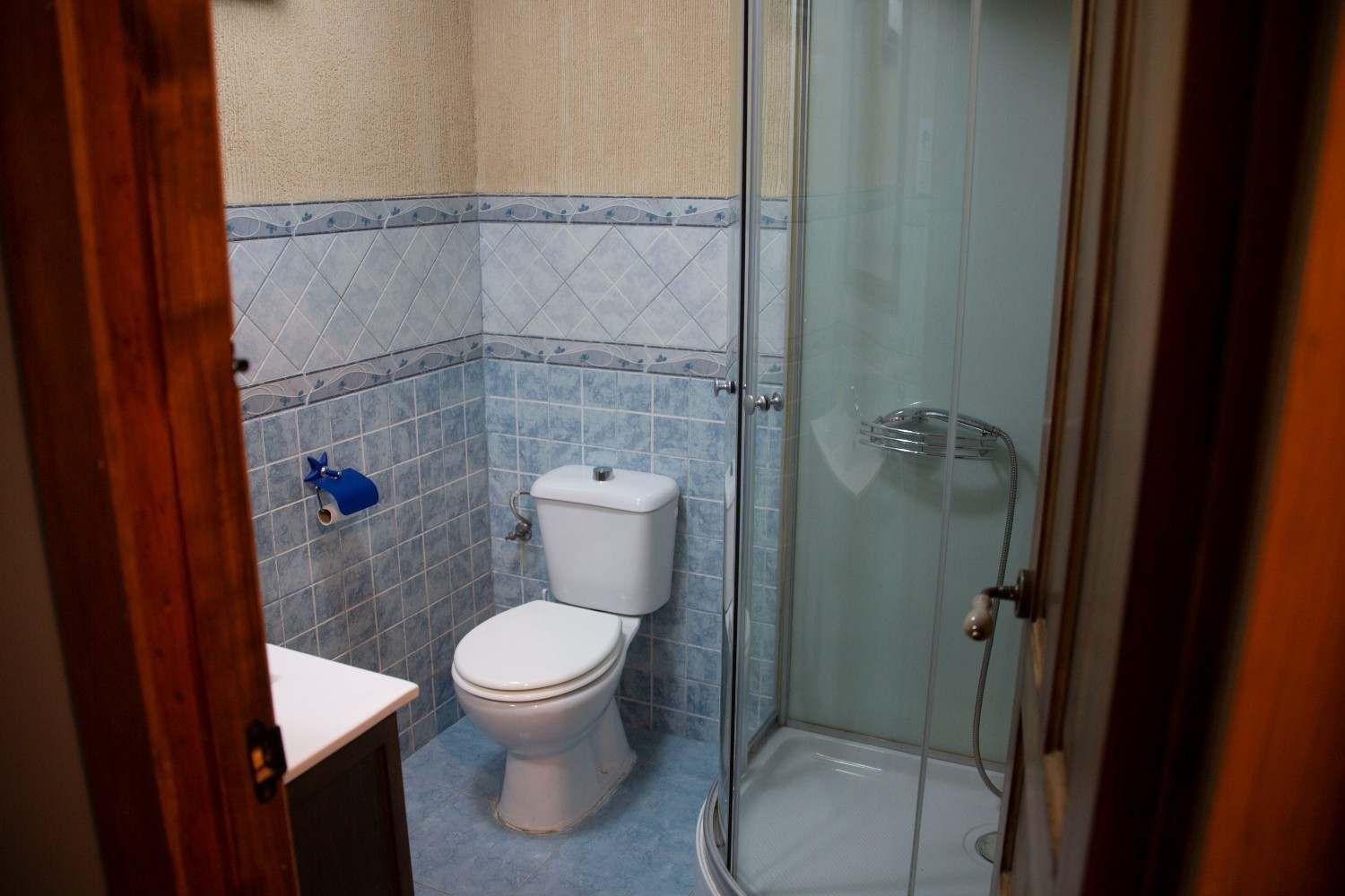 Baño pequeño con azulejos, inodoro, lavabo y cabina de ducha de cristal.