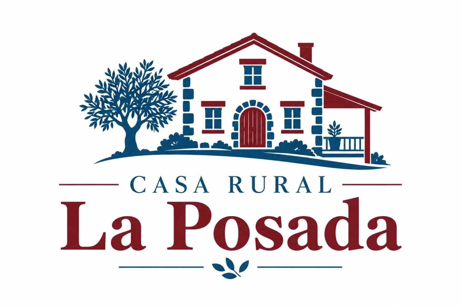 Logotipo de Casa Rural La Posada con una casa roja, un árbol azul y texto color burdeos sobre un fondo blanco.
