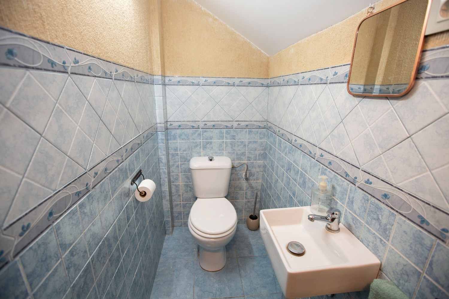 Baño pequeño con azulejos, inodoro, lavabo, espejo de pared y portarrollos de papel higiénico.