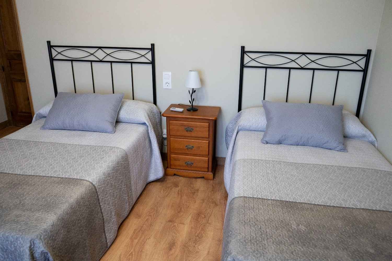 Dos camas individuales con ropa de cama gris y una mesita de noche de madera en un dormitorio sencillo.