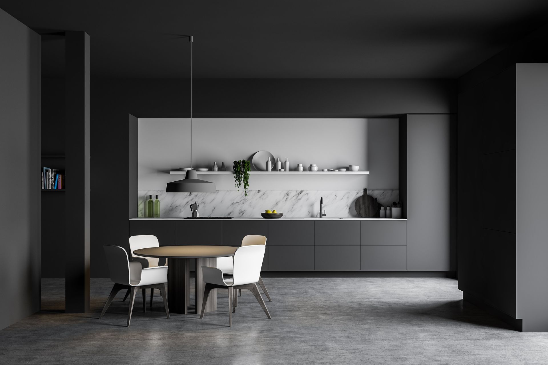 Una cocina con una mesa y sillas.