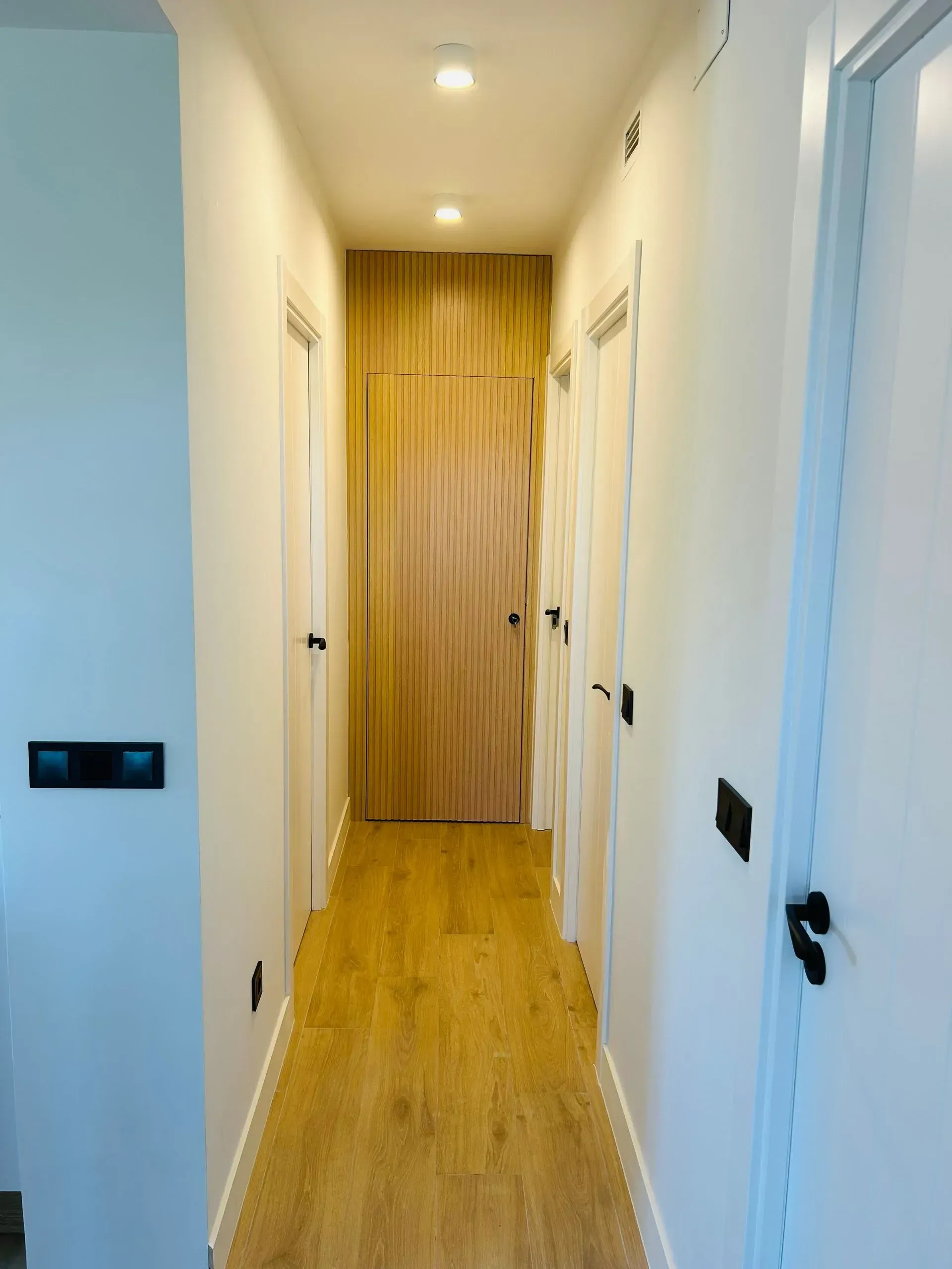 Pasillo con suelo de madera clara, paredes blancas y puerta con paneles de madera. Varias puertas con tiradores negros bordean el pasillo.