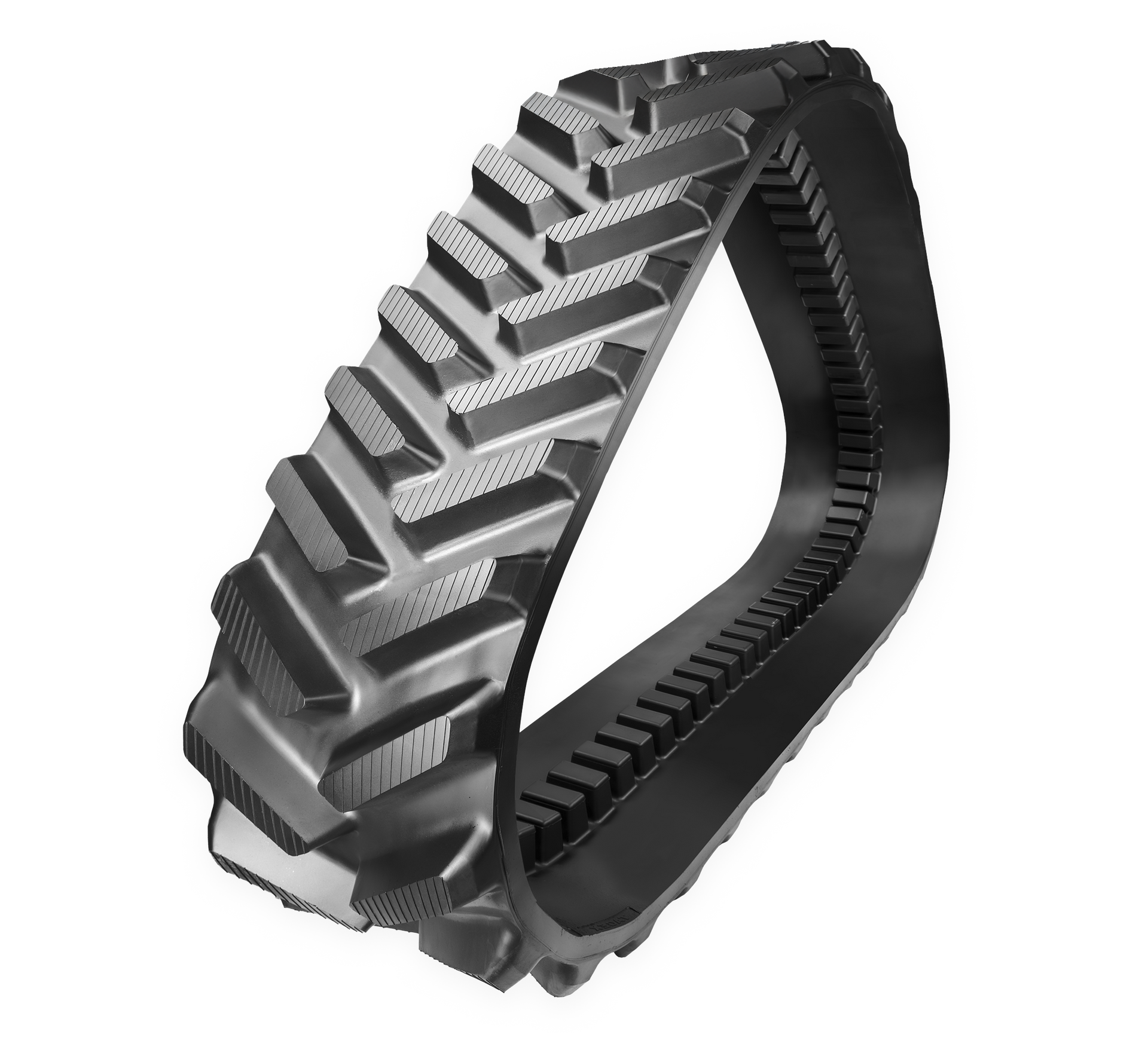 Chenille en caoutchouc noir à motif chevron, utilisée pour les engins lourds.