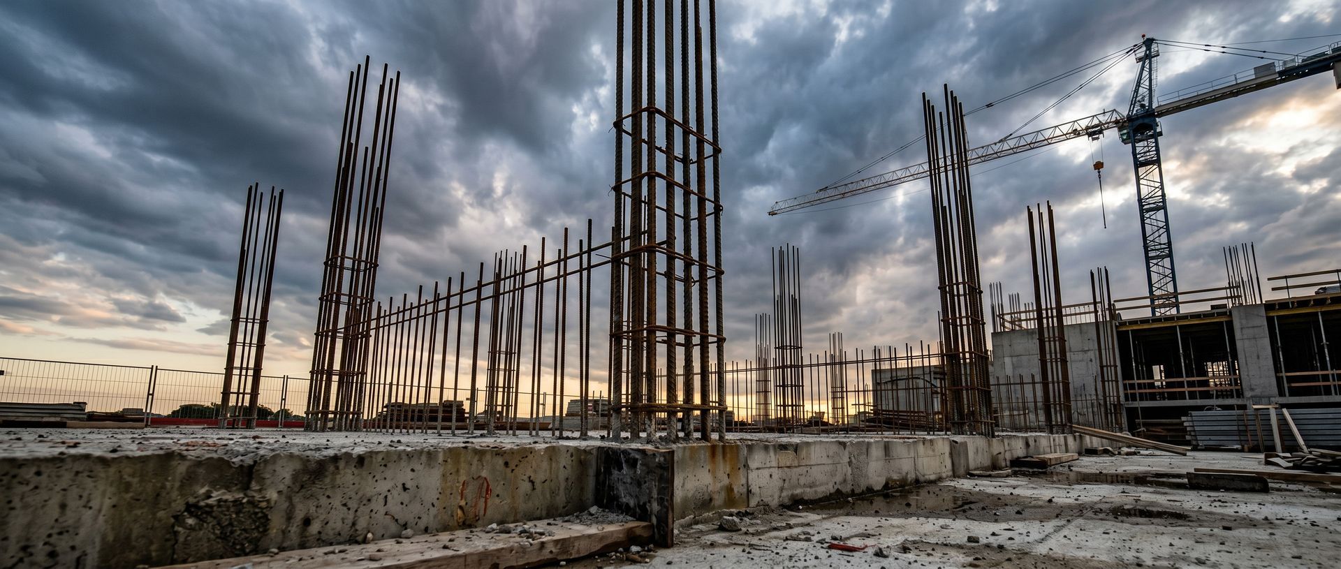 Chantier de construction en béton en ruine avec de hautes colonnes d'armature sous un ciel nuageux au coucher du soleil.