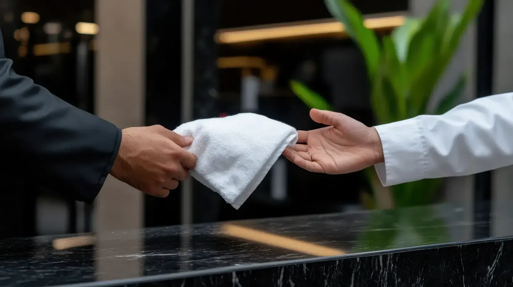 Dos personas intercambian una toalla blanca doblada sobre una encimera negra. Una con traje negro y la otra con bata blanca.