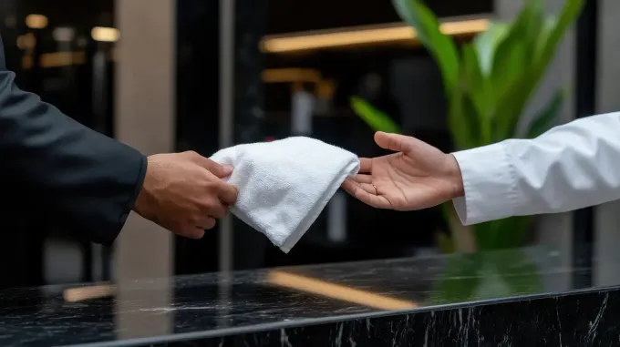 Dos personas intercambian una toalla blanca doblada sobre una encimera negra. Una con traje negro y la otra con bata blanca.