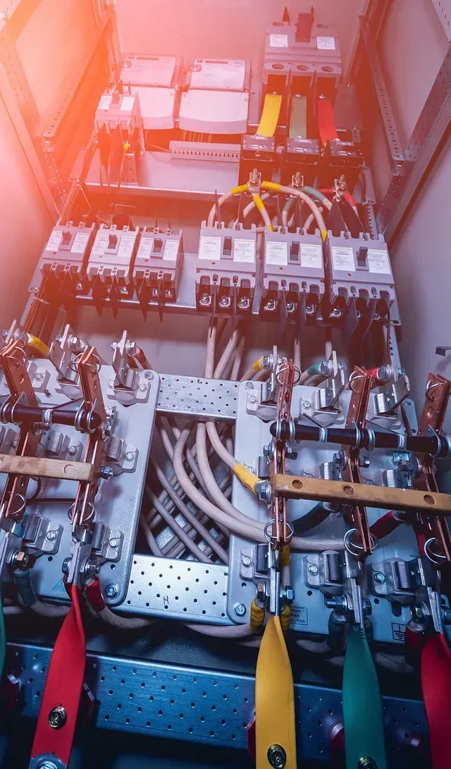 Un primer plano de un panel eléctrico con muchos cables saliendo de él.