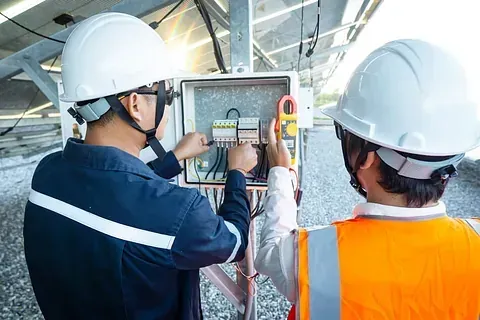 Dos hombres con cascos de seguridad están trabajando en un panel solar.