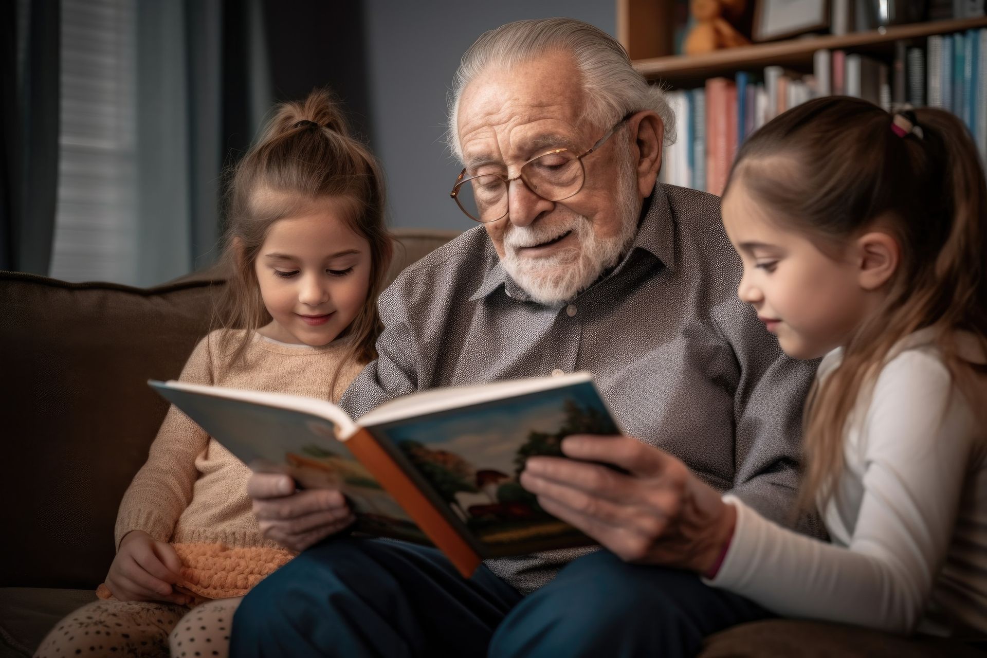 Un hombre mayor está leyendo un libro a dos niñas pequeñas.