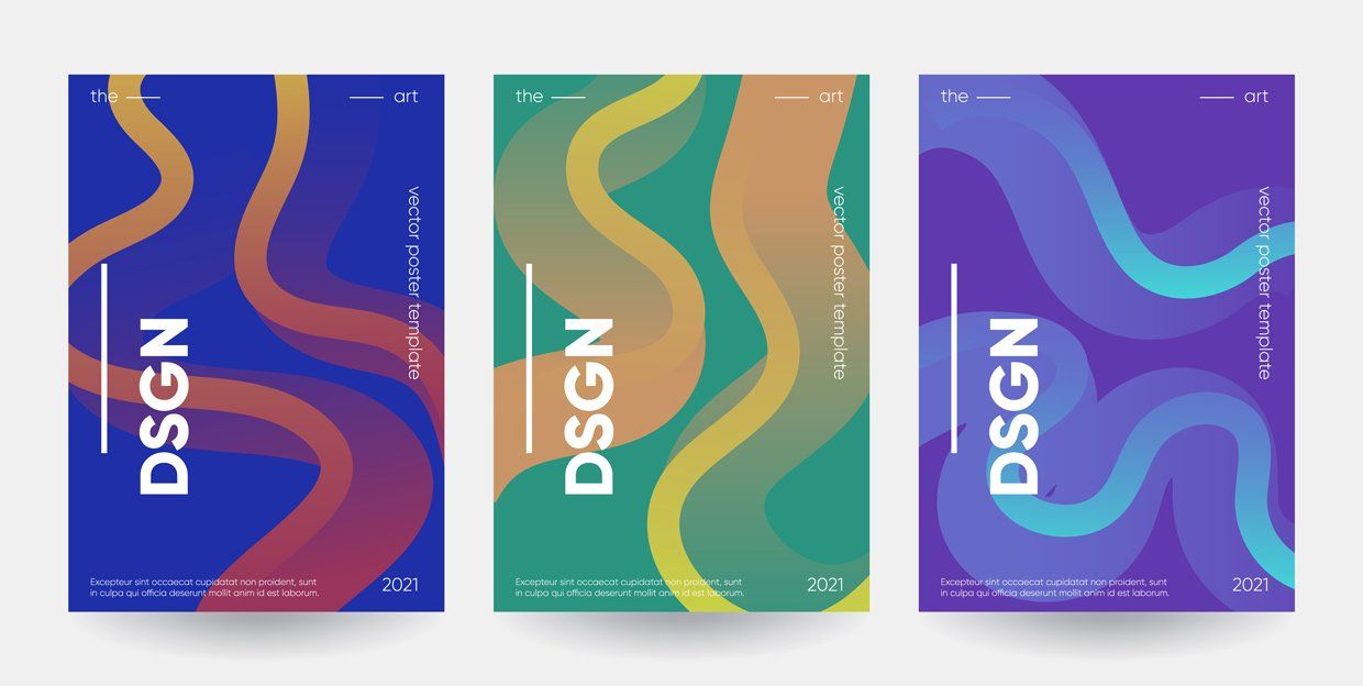 3 cartes de visite colorées avec des formes abstraites