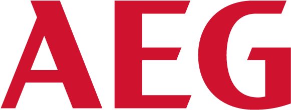 Un logotipo rojo de AEG sobre un fondo blanco