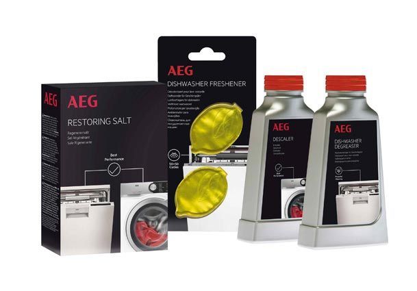 Una caja y dos botellas de limpiador de lavadoras aeg