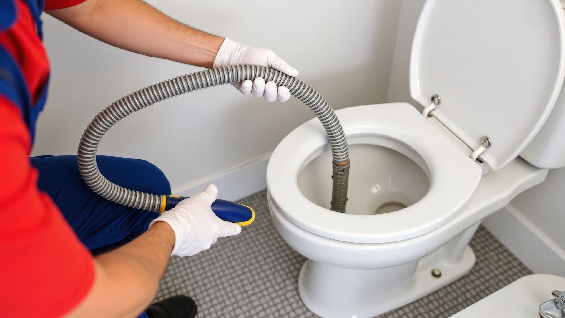 Une personne en train de déboucher des toilettes.