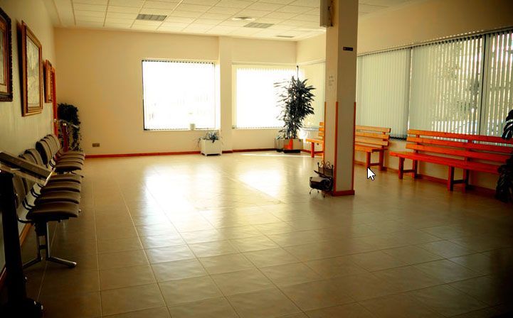 Una sala de espera con muchas sillas y una planta.