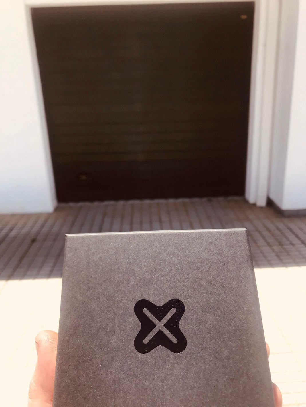 Una persona sostiene una caja con una x delante de una puerta de garaje.