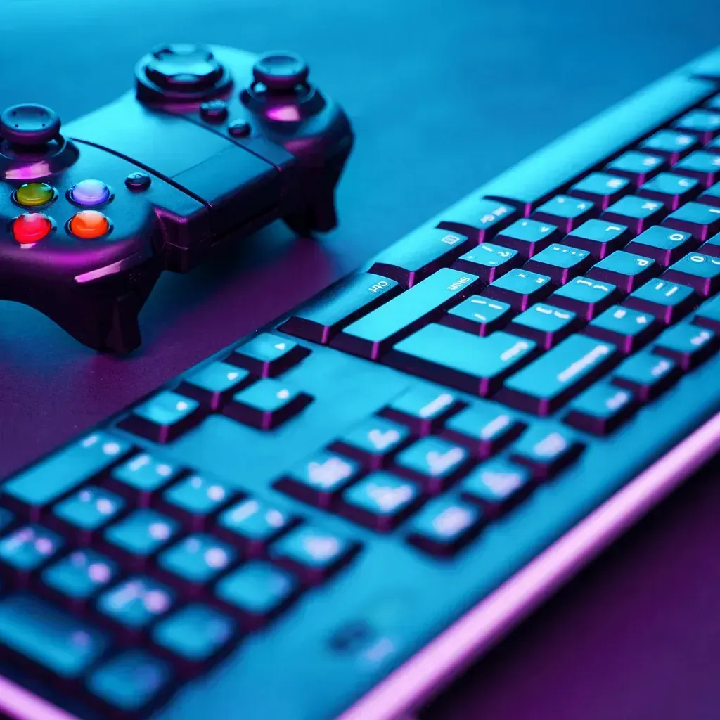 Un controlador de videojuego se encuentra junto a un teclado.