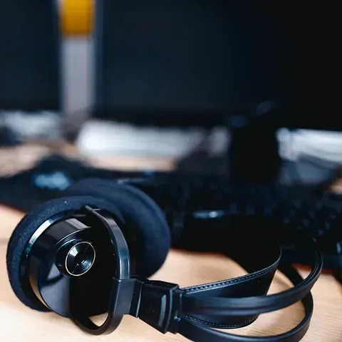 Un par de auriculares están sobre un escritorio frente a una computadora.