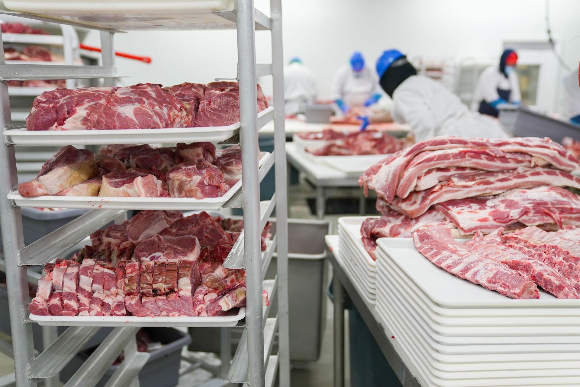Plateaux de viande crue dans une salle de transformation alimentaire, avec des ouvriers en arrière-plan.