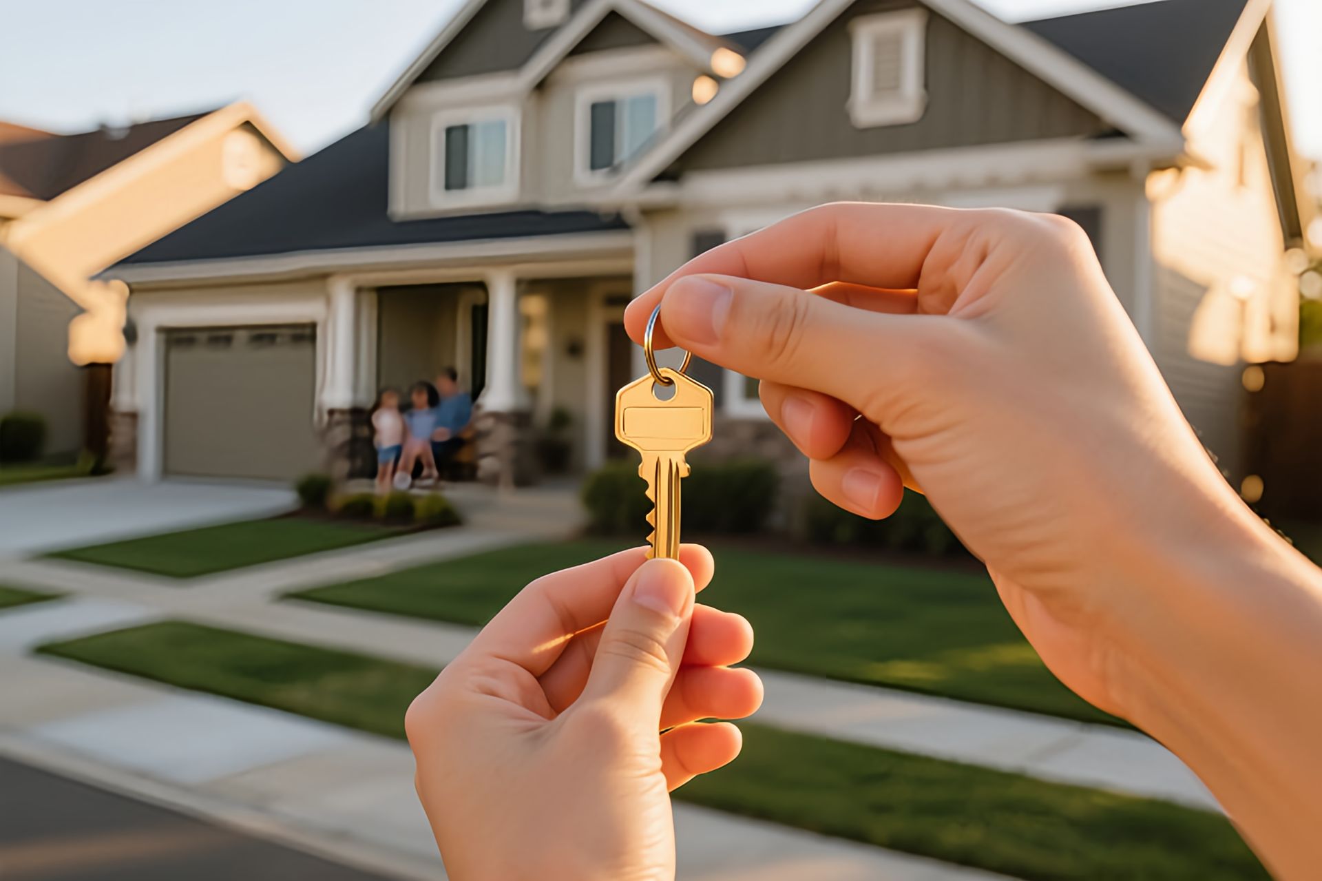 Des mains tenant une clé de maison devant une maison, une famille étant visible sur le porche.