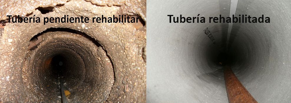 Comparación de una tubería antes y después de su rehabilitación, mostrando el interior sucio y el interior limpio.