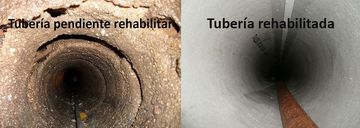 Comparación de una tubería antes y después de su rehabilitación, mostrando el interior sucio y el interior limpio.