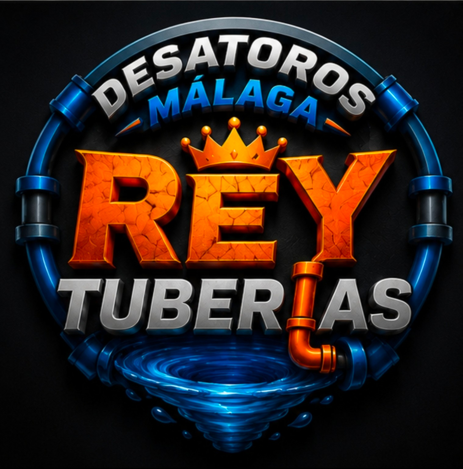 Logo de &ldquo;Desatoros M&aacute;laga Rey Tuber&iacute;as&rdquo; con corona y tuber&iacute;a, en azul, naranja y rojo.