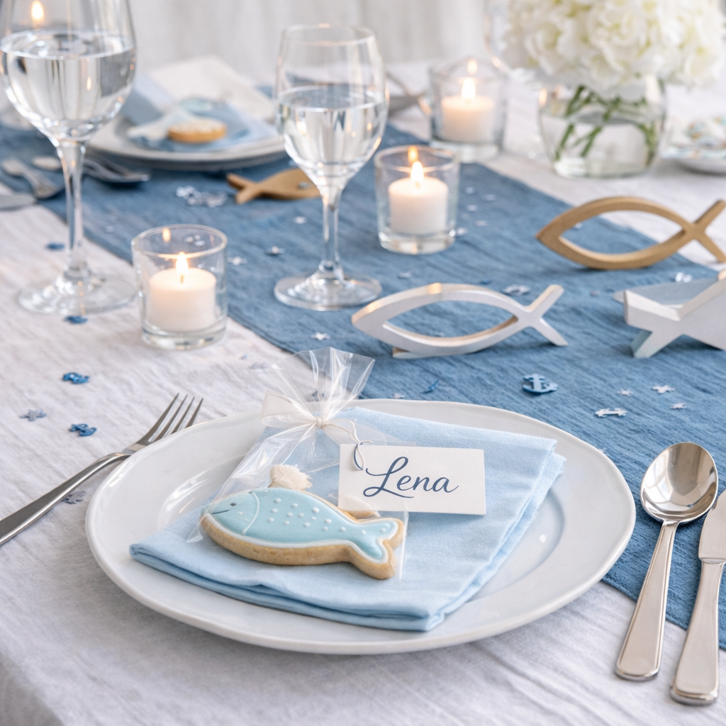 Tischdekoration mit blauen Akzenten, fischförmiger Dekoration, Kerzen und einem Gedeck mit einem Keks.