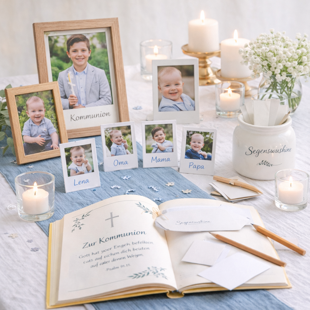 Tischdekoration mit gerahmten Fotos, Kerzen, Gästebuch und Blumengesteck für eine Erstkommunion.