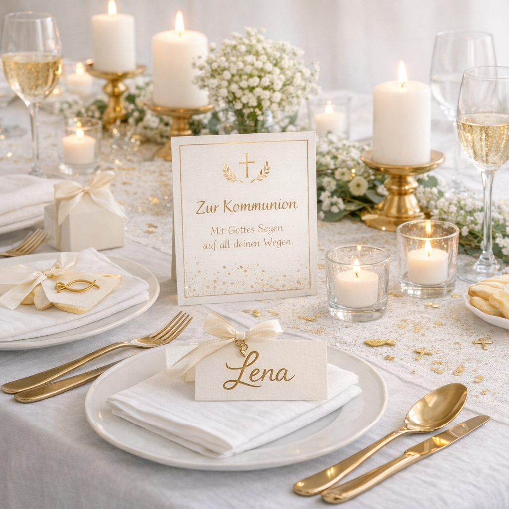 Elegant gedeckter Tisch mit Kerzen, floralen Akzenten, goldenem Besteck und einer Platzkarte mit der Aufschrift „Lena“.