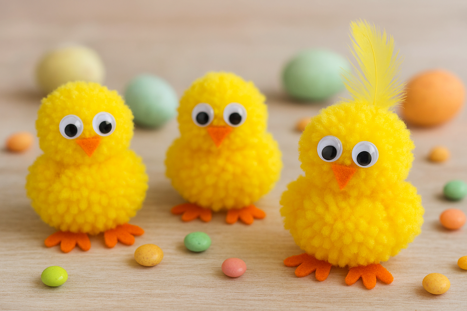 Drei gelbe Wollküken mit orangefarbenen Schnäbeln und Füßen, Kulleraugen und einer Feder.