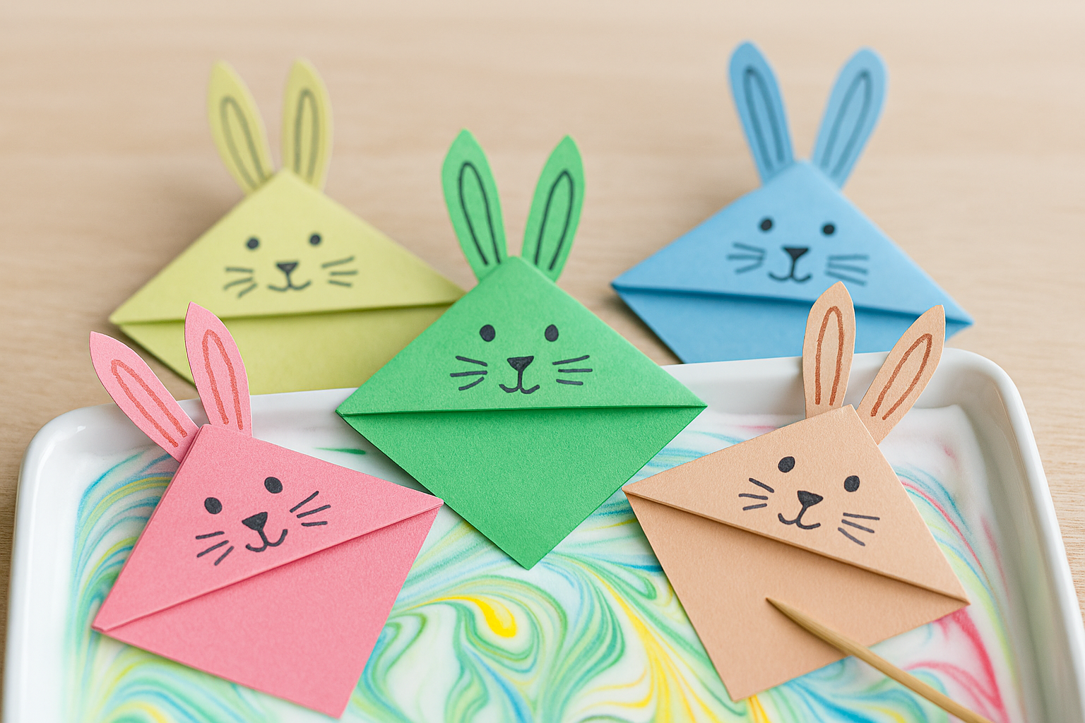 Fünf bunte Lesezeichen in Hasenform aus Papier auf marmorierter Oberfläche. Jedes Lesezeichen hat aufgemalte Augen, Nase, Schnurrhaare und Hasenohren.