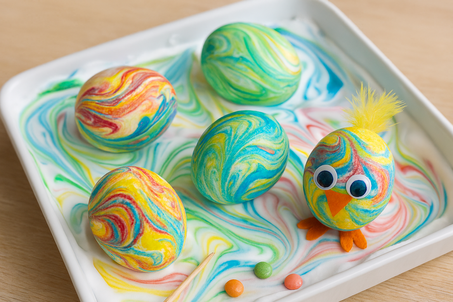 Gefärbte Ostereier in einem Wirbel bunter Farbe, eines davon als Küken verziert.
