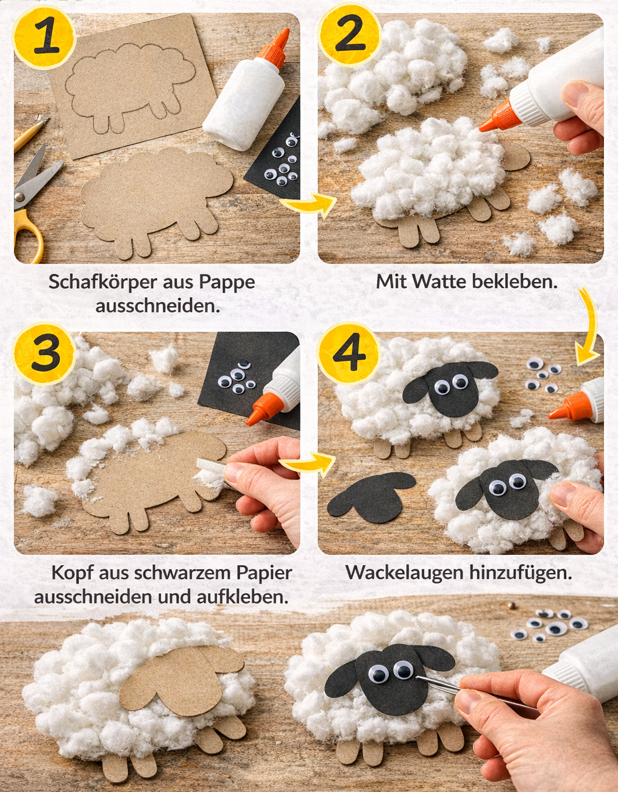 Bastelanleitung: Ein Pappschaf wird mit Watte, einem Kopf aus schwarzem Papier und Wackelaugen verziert.