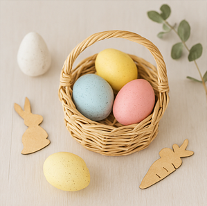 Osterkorb mit pastellfarbenen Eiern, Hasen- und Karottenfiguren und einem kleinen Grünzweig.