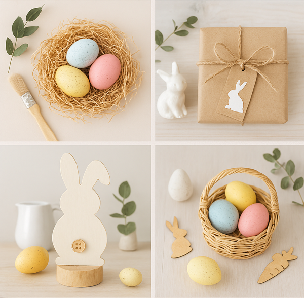 Ostercollage mit pastellfarbenen Eiern, Hasendekorationen, einem verpackten Geschenk und Zweigen auf neutralem Untergrund.