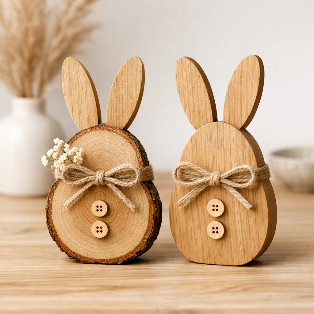 Zwei hölzerne Osterhasenfiguren mit Schleifen aus Kordel und Knöpfen stehen auf einem Tisch. Eine ist mit kleinen Blumen verziert.