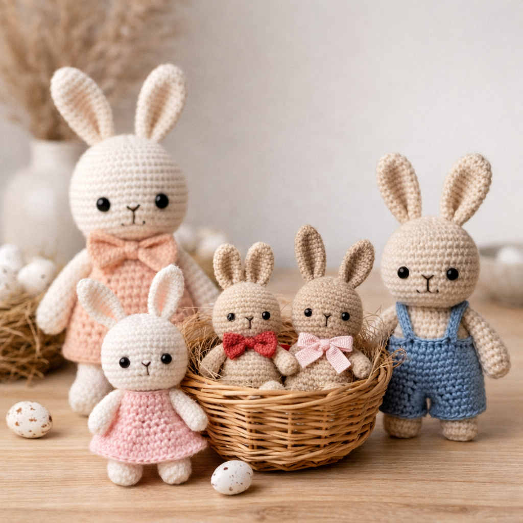 Gehäkelte Hasenfamilie mit fünf Figuren in einem Korb auf einer Holzfläche, alle bekleidet.