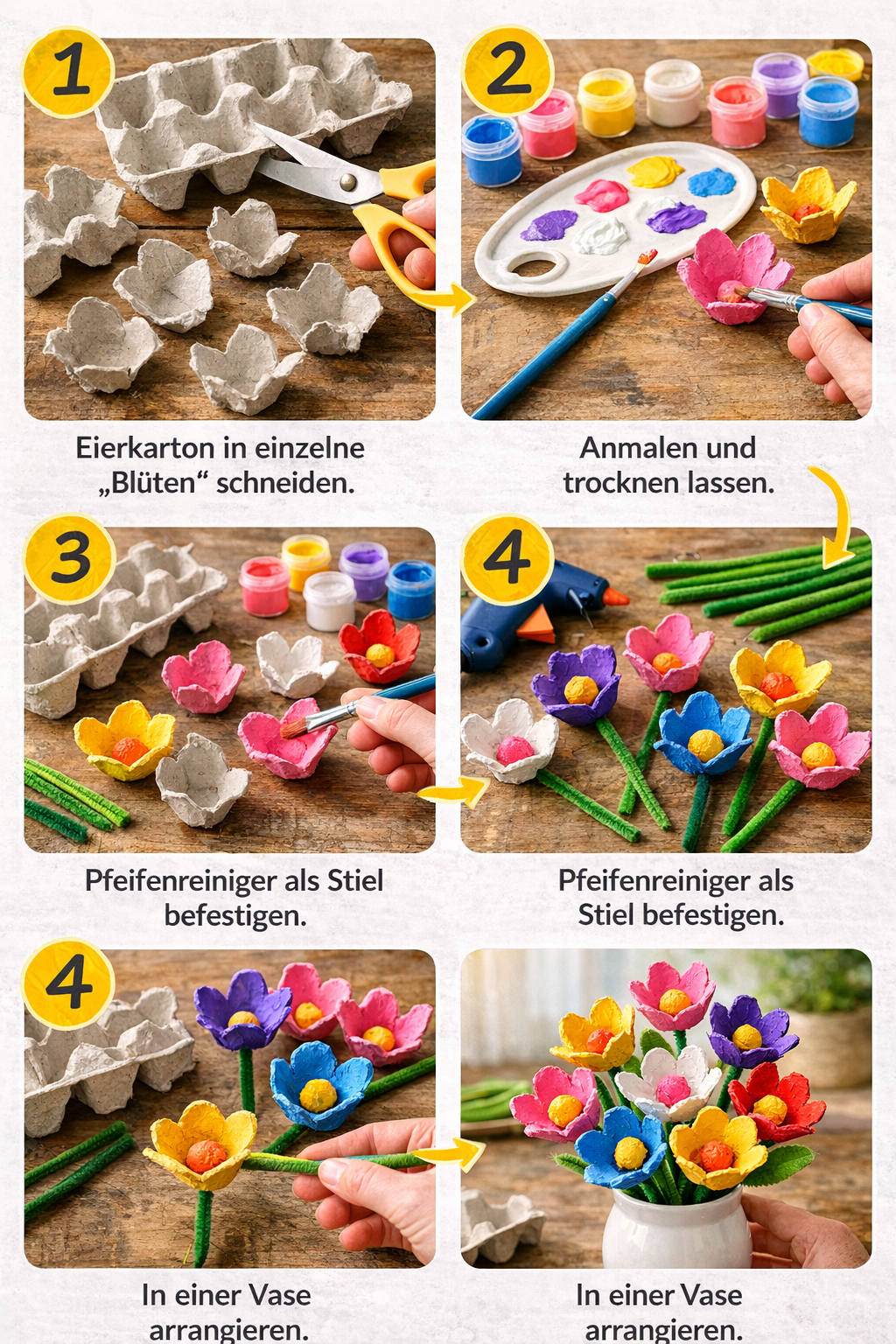 Schritt-für-Schritt-Anleitung zum Basteln von Blumen: Eierkartons zuschneiden, bemalen, Pfeifenputzer als Stiele anbringen und in einer Vase arrangieren.