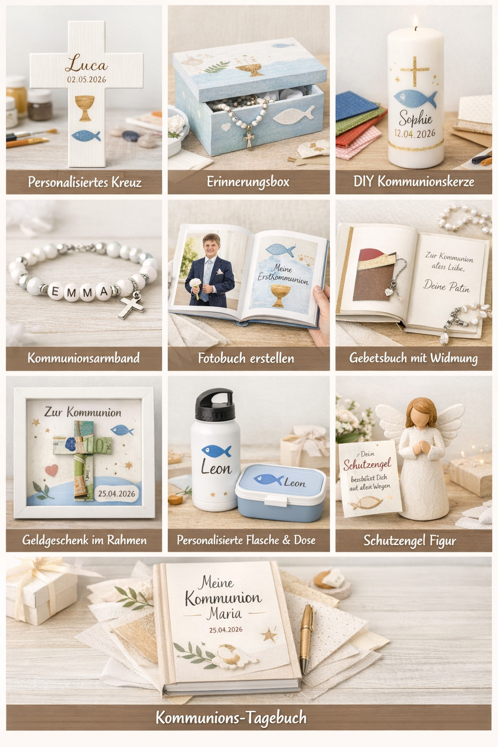 Products for a First Communion: crosses, boxes, candles, bracelets, books, frames, bottles, and a figurine.