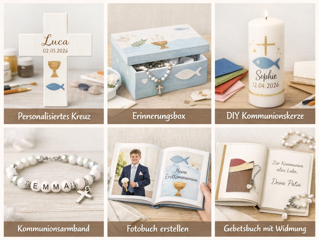 Sechs Bastelideen zum Thema Kommunion: Kreuz, Erinnerungsbox, Kerze, Armband, Fotobuch und Gästebuch.